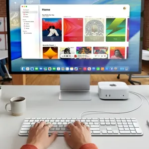 Satechi Slim LX3 kablet tastatur med nordisk layout, vist i sølv på et skrivebord med hænder, der skriver