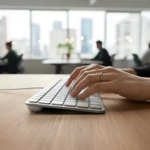 Satechi Slim LX3 kablet tastatur med nordisk layout, slankt sølvdesign og taster i fuld størrelse på et skrivebord