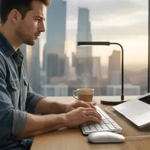 Satechi Slim LX3 sølvfarvet kablet tastatur med nordisk layout på et skrivebord ved siden af en laptop og en mus