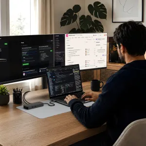 Satechi ExtendView USB4-Dual-HDMI-Adapter, an einen Laptop angeschlossen, mit zwei Monitoren auf einem Schreibtisch