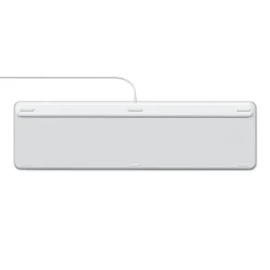 Satechi Slim LX3 kablet tastatur i sølv, vist fra undersiden med tilsluttet kabel og lave fødder.