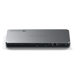 Satechi Thunderbolt 4 -telakointiasema, jossa on USB-C-, HDMI-, Ethernet- ja DC-portit, hopeisessa pöytäkeskittimessä
