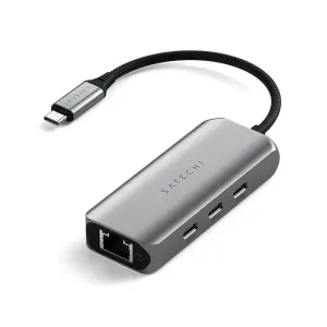 Satechi 4-in-1 USB-C -keskitin tähtiharmaana punotulla kaapelilla, kahdella USB-C-portilla ja 2,5G LAN Ethernetillä