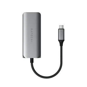 Satechi 4-in-1 USB-C-keskitin tähtiharmaana, punotulla kaapelilla ja USB-C-liittimellä valkoisella taustalla