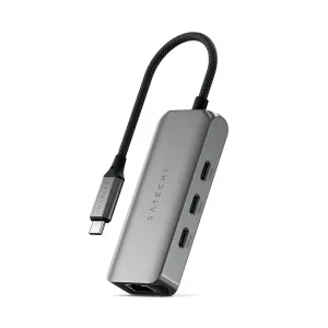 Satechi 4-in-1 USB-C-keskitin tähtiharmaana, punotulla kaapelilla, kolmella sivuportilla ja Ethernet-liittimellä