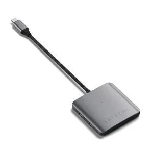 Satechi 4-Port USB-C Hub with PD avaruusharmaana, kiinteällä punotulla kaapelilla ja USB-C-porteilla valkoisella taustalla