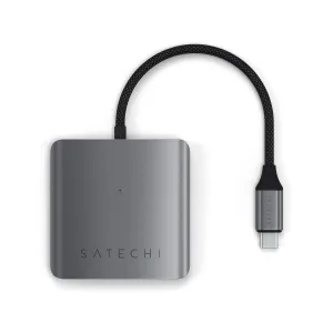 Satechi 4-porttinen USB-C-keskitin PD:llä, kompakti harmaa keskitin punotulla kaapelilla laajennettua USB-C-liitettävyyttä varten