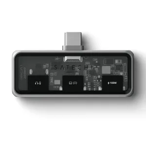 Satechi Mobile XR Hub USB-C-liittimellä, 100 W:n latauksella ja ääniliitännällä kompaktissa harmaassa sovittimessa