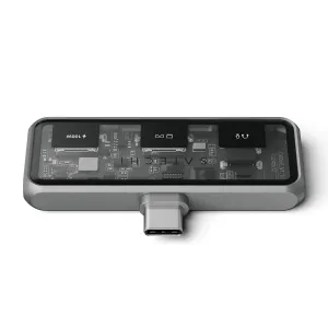 Satechi Mobile XR Hub with Audio, kompakti USB-C-keskitin läpinäkyvällä yläosalla ja tähtiharmaalla viimeistelyllä