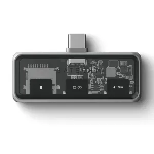 Satechi Mobile XR Hub USB-C-keskitin microSD-tuella, kuvassa tähtiharmaana ja 100 W:n merkinnällä