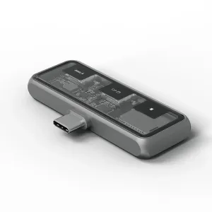 Satechi Mobile XR Hub USB-C-keskitin microSD:llä, avaruusharmaa, läpinäkyvällä yläosalla ja näkyvillä virtapiireillä