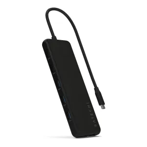 Satechi 13-in-1 USB-C kelių prievadų adapteris su pritvirtintu kabeliu ir keliais USB prievadais, juodas