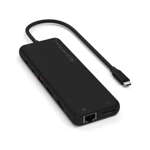 Satechi juodas USB-C kelių prievadų adapteris su HDMI, DisplayPort ir Ethernet prievadais baltame fone
