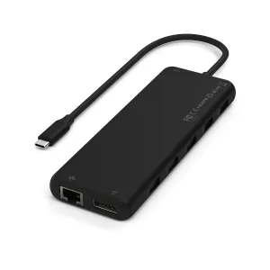 Satechi juodas USB-C kelių prievadų adapteris su pritvirtintu kabeliu, HDMI ir eterneto prievadais ekranams bei įrenginiams prijungti