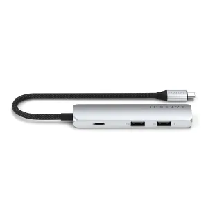 Satechi 4-in-1 ohut USB-C-moniporttisovitin hopeanvärisenä, punotulla kaapelilla, USB-porteilla ja USB-C-liittimellä