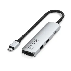 Satechi 4-in-1 USB-C-moniporttiadapteri hopeisena, punotulla kaapelilla sekä USB-A- ja USB-C-porteilla
