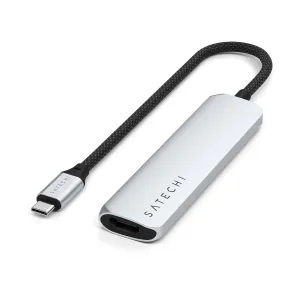 Satechi 4-in-1 USB-C Slim Multiport Adapter hopeanvärisenä, punotulla kaapelilla ja USB-C-liittimellä