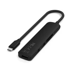 Satechi 6-in-1 USB-C -moniporttisovitin, ohut musta malli, jossa on punottu kaapeli sekä näkyvät HDMI- ja USB-C-portit