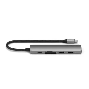 Satechi ohut USB-C-moniporttisovitin punotulla kaapelilla, USB-A-, USB-C- ja SD-korttiporteilla, hopea