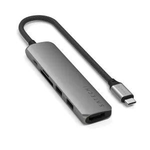 Satechi USB-C-moniporttisovitin HDMI- ja USB-A-porteilla sekä punotulla kaapelilla, hopean ja mustan värisenä.