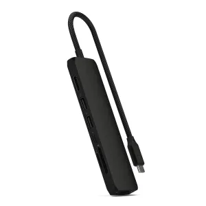Satechi 7-in-1 ohut musta USB-C-moniporttisovitin, jossa on HDMI, USB-A-portit, korttipaikka ja punottu kaapeli