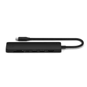 Satechi musta 7-in-1 USB-C-moniporttisovitin, jossa Ethernet, HDMI, SD-korttipaikat, USB-A-portit ja punottu kaapeli