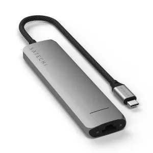 Satechi 7-in-1 USB-C-moniporttisovitin hopeanvärisenä, Ethernet-portilla ja punotulla USB-C-kaapelilla