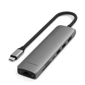 Satechi 7-in-1 ohut USB-C-moniporttisovitin, jossa on Ethernet, USB-A-portit ja kortinlukija, tähtiharmaa