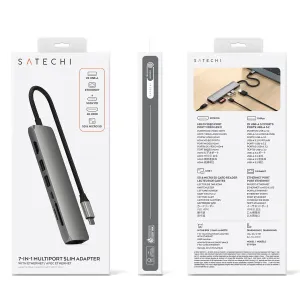 Satechi 7-in-1 USB-C Slim Multiport Adapter with Ethernet -pakkaus, jossa näkyvät sovitin, kaapeli ja porttien kuvakkeet