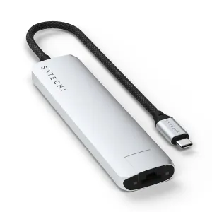 Satechi 7-in-1 USB-C -ohut moniporttisovitin Ethernet-liitännällä, hopea, punotulla kaapelilla ja näkyvällä portilla