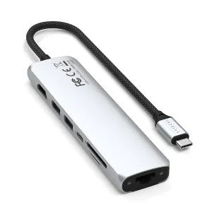Satechi hopeanvärinen USB-C-moniporttisovitin Ethernet-liitännällä, SD-korttipaikalla ja punotulla kaapelilla kannettaville tietokoneille