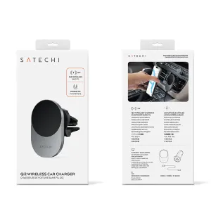 Satechi Qi2 trådløs biloplader i detailemballage, for- og bagside, der viser emballagen til den magnetiske holder til ventilationsristen