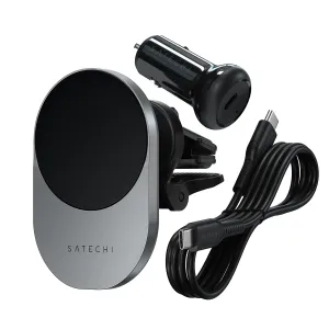 Satechi Qi2 trådløs biloplader med holder til luftventil, USB-C-kabel og biladapter på hvid baggrund