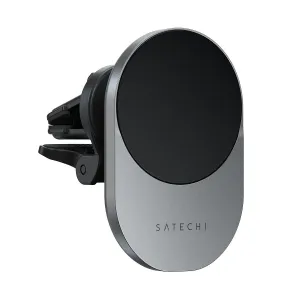 Satechi Qi2 trådløs biloplader med holder til ventilationsrist, sort og sølvfarvet magnetisk telefonholder