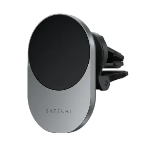 Satechi Qi2 trådløs biloplader med montering til ventilationsrist, magnetisk telefonholder i sølv og sort