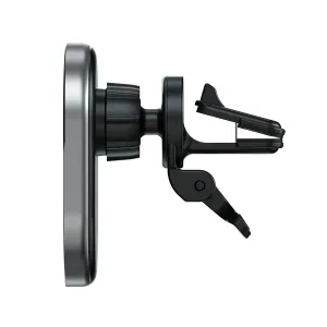 Satechi Qi2 trådløs biloplader med magnetisk montering til ventilationsrist og justerbar klemme, vist i sideprofil.