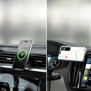 Satechi Qi2 trådløs biloplader på en holder til ventilationsristen, der holder en smartphone under opladning og navigation i bilen