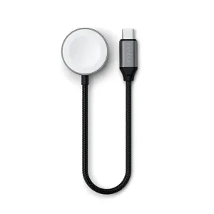 Satechi USB-C magnetisk hurtigladingskabel til Apple Watch, svart flettet kabel med hvit magnetisk ladepuck