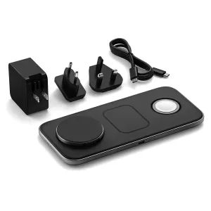 Base de carga inalámbrica Satechi Qi2 Trio en negro con cable USB-C, adaptador de corriente y cabezales de enchufe