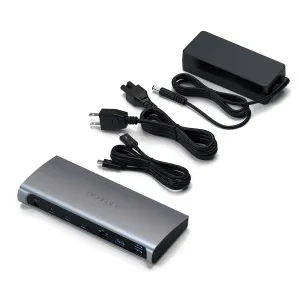 Satechi Thunderbolt 4 -telakka, jossa on USB-C-, USB-A-, Ethernet- ja ääniliitännät sekä kaapelit ja virtasovitin