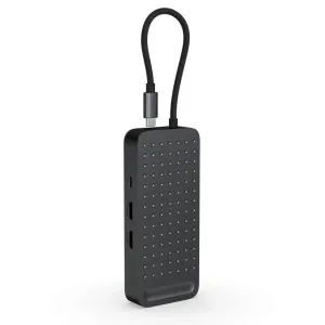 Satechi ExtendView USB4-Dual-HDMI-Multiportadapter in Weltraumschwarz mit geflochtenem USB-C-Kabel und seitlichen Anschlüssen
