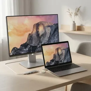 Satechi Slim USB-C MultiPort Adapter liitettynä kannettavaan tietokoneeseen ja ulkoiseen näyttöön pöydällä