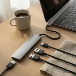 Satechi Slim USB-C MultiPort Adapter liitettynä kannettavaan tietokoneeseen, HDMI- ja USB-A-liitännöillä pöytäkäyttöön.