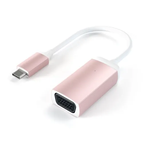 USB-C till VGA-adapter i roséguld med kort vit kabel, USB-C-hane och VGA-hona; metallhölje med indikatorpunkt på framsidan.