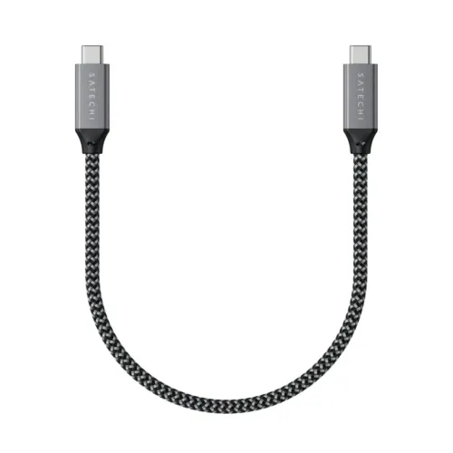 Satechi USB4 USB-C till USB-C-kabel, kort flätad modell med två USB-C-hanar och grå metallkontakter med SATECHI-logga.