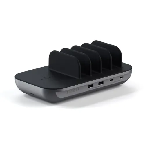 Satechi Dock5 charging station in black/grey with four compartments, X-marked wireless plate and front with two USB-A and two USB-C ports.
