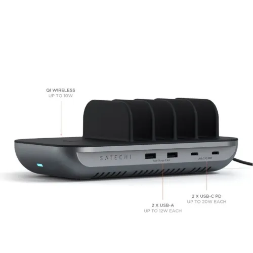 Satechi Dock5 charging station in gray with black top, four dividers, Qi surface, front with 2 USB-A and 2 USB-C and blue LED.