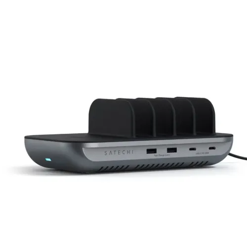 Satechi Dock5 charging station in dark gray with four black dividers, LED light, front panel with two USB-A and one USB-C PD, front.