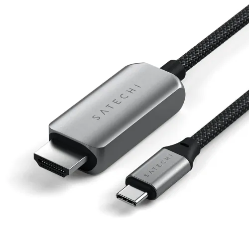 Satechi USB‑C till HDMI-kabel med grått aluminiumhölje, flätad svart kabel och tydlig SATECHI-logotyp på båda kontakterna.