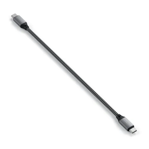 Satechi musta punottu USB-C–USB-C-kaapeli, 25 cm, metalliliittimillä lataukseen ja tiedonsiirtoon